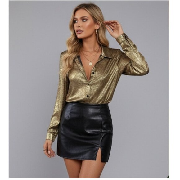 Gold Button Down Blouse Shirt - Picture 3 of 10
